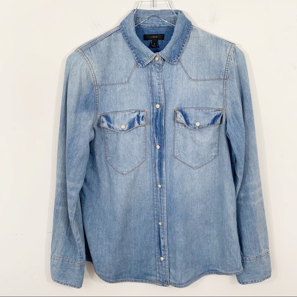 J. Crew Tops - J.CREW Western Denim Pearl Snap Button Shirt Top 8